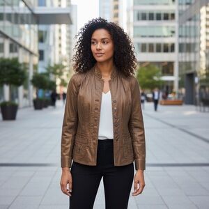 Coldwater Creek Brown Metallic Button Front Jacket Pockets Long Sleeve Size 4